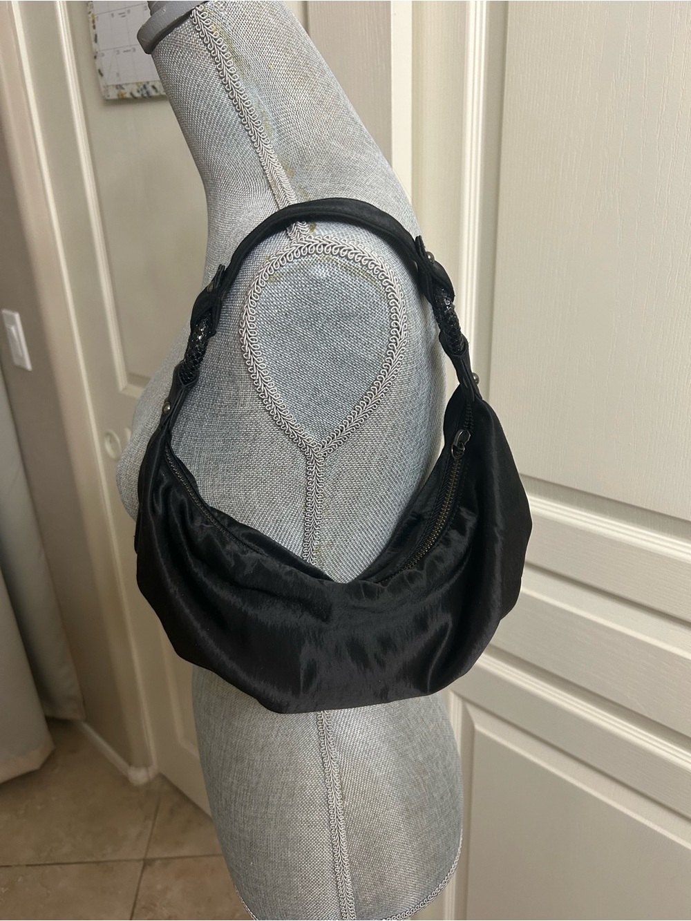 Express Black Satin Shoulder Bag with Braided Strap